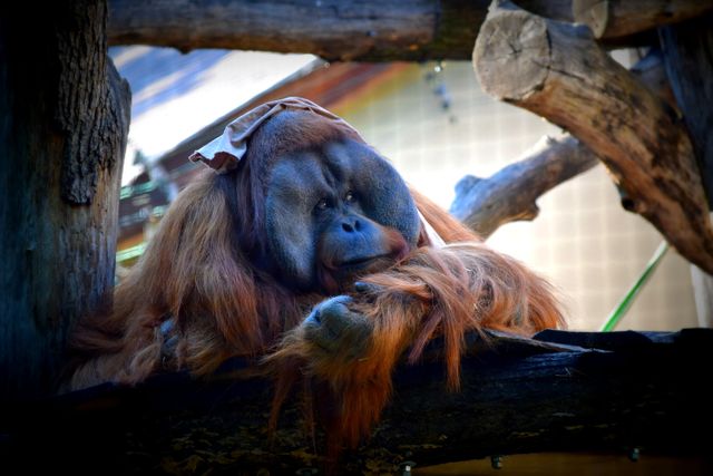 Orangutan lying on branches, deep in thought in zoo. Ideal for topics about wildlife conservation, primate behavior, zoo habitats, and tranquil animal moments. Suitable for educational content and articles on how primates live and relax in captivity environments.