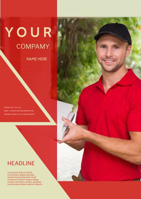 Ideal for promoting local delivery or courier services. The flyer shows a friendly, smiling delivery man in a bright red uniform holding a package, suggesting reliability and efficiency. Can be customized with company information and business details to attract new customers.