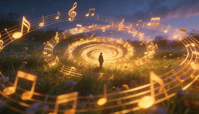 Silhouette standing amid golden musical vortex in wildflower meadow at twilight
