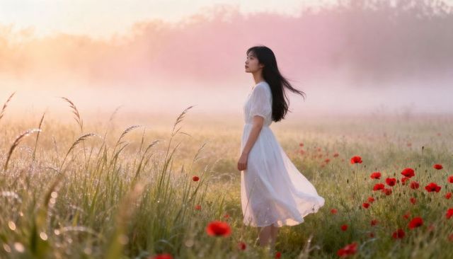 Asian woman standing in misty poppy meadow at dawn wearing flowing white dress