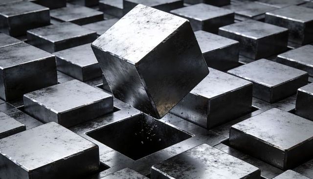Hovering Steel Cube Tilting Over Recessed Square Cavity on Reflective Metal Grid