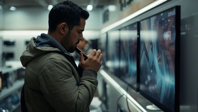 Browsing man holding compact device at monitor wall in electronics store, contemplative