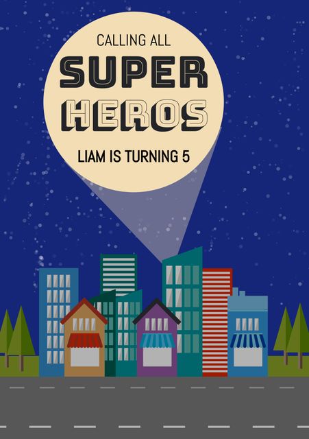 Digital png illustration of calling all super heroes text and city with light on blue background. Isolated image, card, birthday, party, fun, greetings and writing concept.