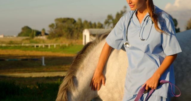 Image of a female veterinarian in blue scrubs using a stethoscope while treating a white horse outdoors in a rural countryside setting. Suitable for use in articles about veterinary medicine, equine care, rural animal care services, and promoting veterinary clinics that specialize in farm animals.