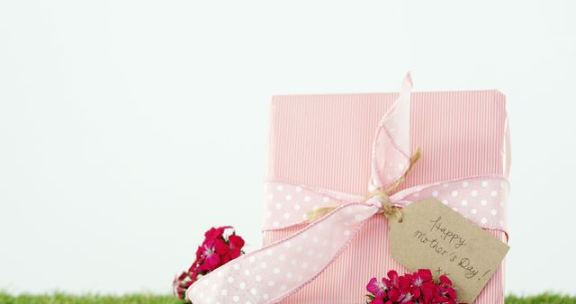 A pink gift box with a 'Happy Mother's Day' tag is adorned with flowers, with copy space. It symbolizes the celebration of Mother's Day and the tradition of giving presents to show appreciation.