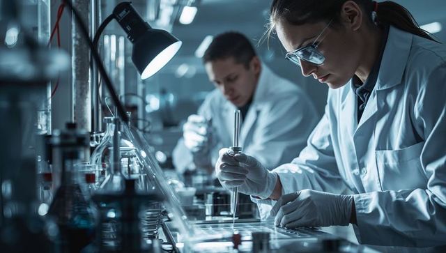 Female Scientist Pipetting Precision on Lab Bench with Well Plate, Flasks and Teamwork