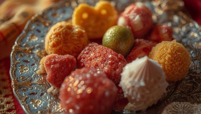Intricate Sugared Sweets on Elegant Silver Platter