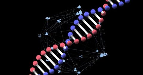 Digital DNA Strand with Technology Icons on Black