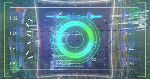 Digital chart overlay with financial data and processing visualization