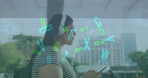 Tech Savvy Woman Listening to Music Amid Digital Interface