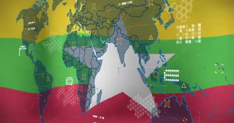 Digital World Map Data Overlay on Vibrant Multinational Flag Design