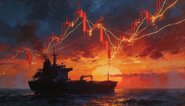 Tanker silhouette sailing into fiery sunset with glowing candlestick chart overlay