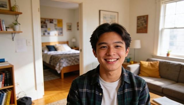 Smiling college student in cozy apartment making eye contact natural light portrait