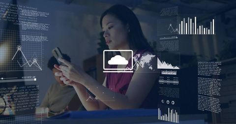 Woman analyzing cloud analytics on smartphone with interactive dashboard overlays in workspace