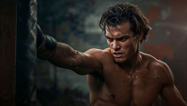 Intense boxer punching heavy bag in urban gym environment