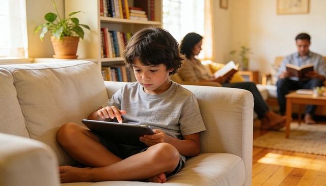 Young boy using tablet while parents reading on sofa in sunlit cozy family living room