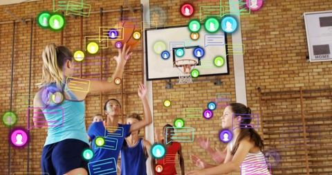 Energetic basketball game with floating digital media icons