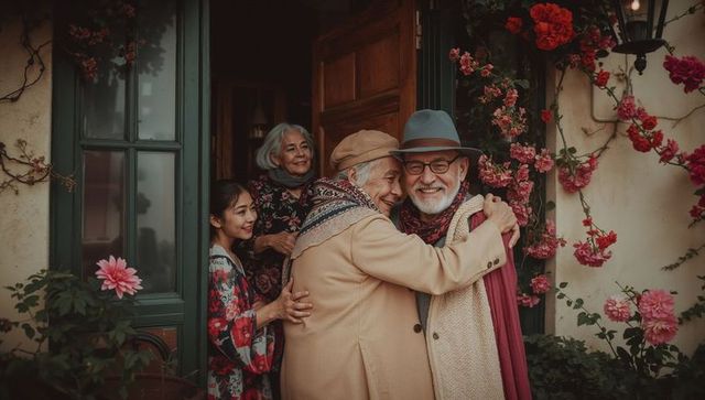 Senior Men Embracing at Charming Doorway with Family Gathering