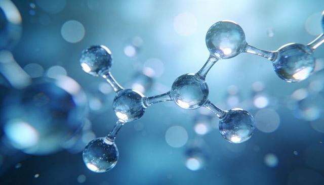 Glassy Molecular Cluster Glowing in Blue Gradient with Translucent Atoms and Thin Bonds