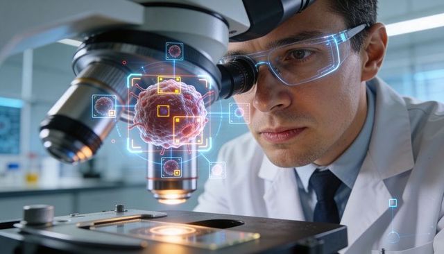 Researcher Examining Virus Under Microscope with Augmented Reality Holographic Interface
