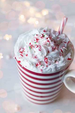 Warm peppermint hot chocolate garnished with whipped cream and crushed candy cane creates a festive holiday vibe. Perfect for holiday promotions, blog posts about holiday drinks, or invitations to winter celebrations.
