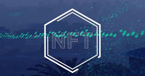 Futuristic cityscape with nft graphics overlay in technology concept