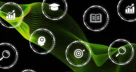Neon digital network connection with data processing icons