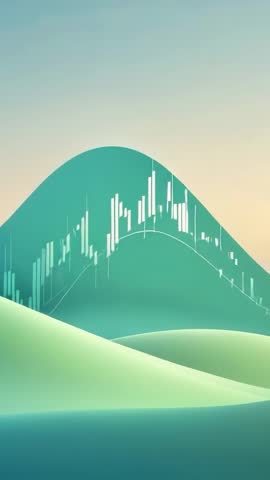 Animating hill revealing trend line with moving candlestick bars vertical data visualization loop