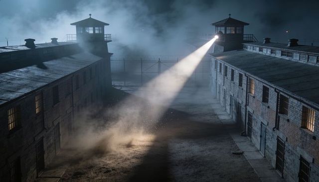 Searchlight sweeping foggy prison yard between twin watchtowers at night, eerie security