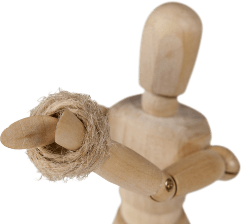 Wooden mannequin with tied hands transparent background