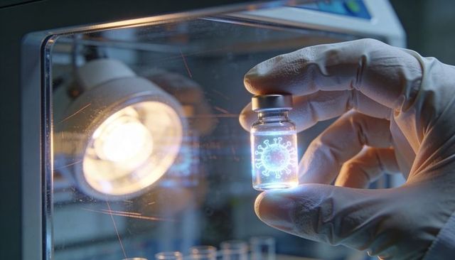 Scientist holding vial with holographic virus under lab spotlight for vaccine research
