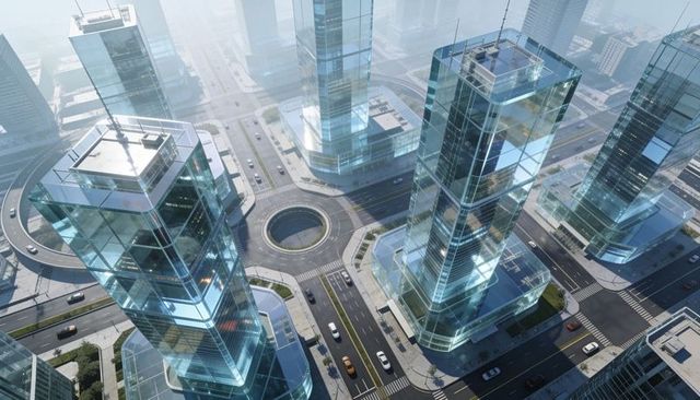 Aerial glass skyscrapers surrounding circular roundabout in futuristic downtown skyline