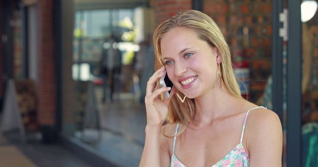 Smiling Woman Talking on Phone Outdoors - Download Free Stock Images Pikwizard.com