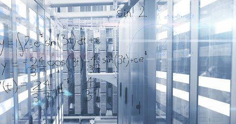 Digital Data Flow in High-Tech Server Room with Math Overlay - Download Free Stock Images Pikwizard.com