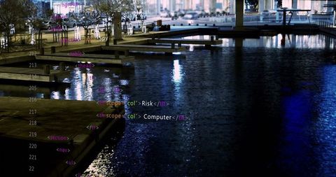 Reflecting night waterfront with wooden piers, code overlay and silhouetted pedestrians