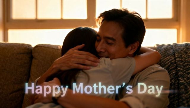 Father hugging daughter on couch at sunset with happy mother's day text overlay