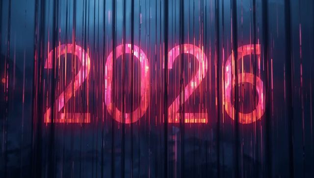 Glowing neon 2026 numerals shining through rain-streaked panels with futuristic bokeh haze