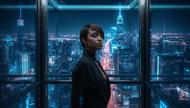 Executive woman standing in glass tower overlooking neon city skyline at night, confident