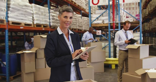 Manager in suit overseeing warehouse operations with employees in background. Team members checking stock and using inventory lists. Useful for business, corporate training, warehouse management, and logistics industry materials.