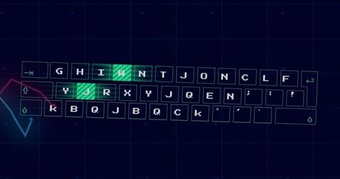 Neon hud virtual keyboard with glowing green keys, pixelated monospaced and data traces