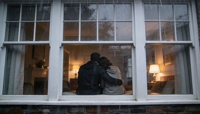 Couple embracing at rain-streaked window leaning together in warm living room glow