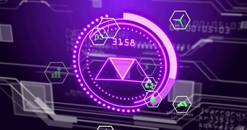 Futuristic holographic hud with magenta arc, hex icons, triangles and data readout 3158