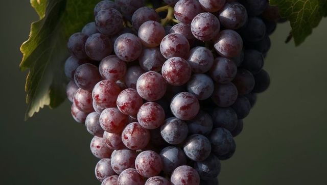 Cluster of ripe grapes with dew in vine beackground