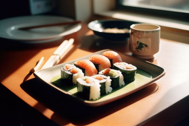 Close up of selection of sushi rolls on plate, created using generative ai technology. Food, sushi and fresh japanese cuisine concept digitally generated image.