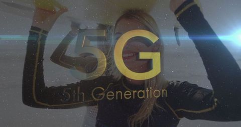 Smiling model highlighting 5g technology innovation marketing