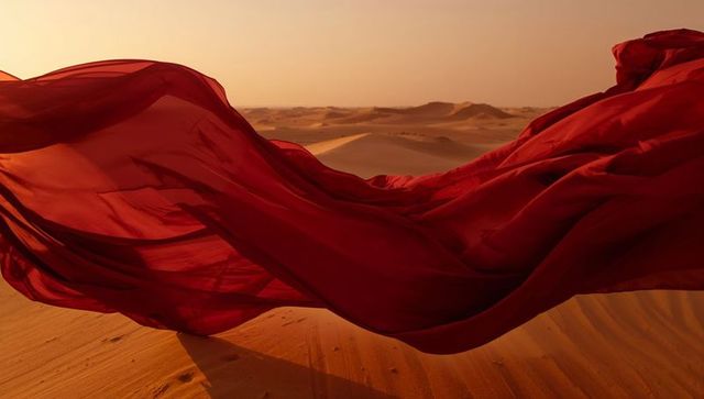 Flowing red fabric over desert dunes at sunset