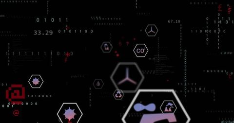 Holographic hex badges drifting and scaling over binary cyber data dashboard visualization