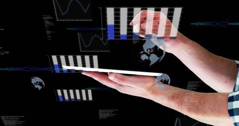 Hands holding tablet tapping holographic bar charts for business data visualization