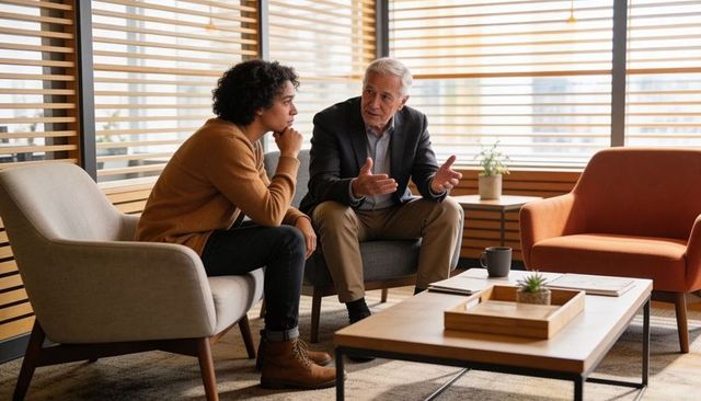Senior mentor guiding young professional in modern office lounge during coaching conversation
