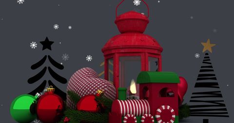 Festive Christmas Decorations with Lantern and Toy Train